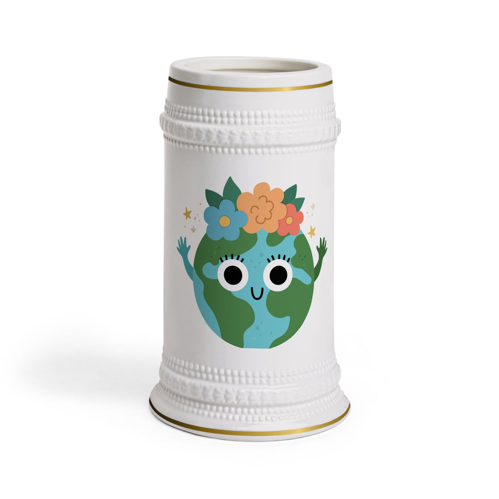Fröhlicher „Earth Floral“ Bierkrug (Keramik, Globus-mit-Blumen-Design)